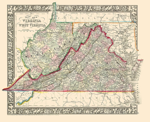 Virginia, West Virginia Counties - Mitchell 1863 Poster Print by Mitchell Mitchell # VAZZ0009