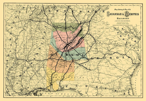 Savannah and Memphis Railroad - Colton 1872 Poster Print by Colton Colton # USSO0003