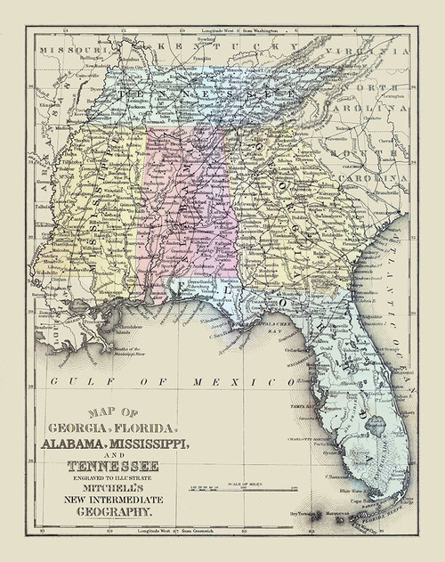 South Eastern United States - Mitchell 1877 Poster Print by Mitchell Mitchell # USSE0010