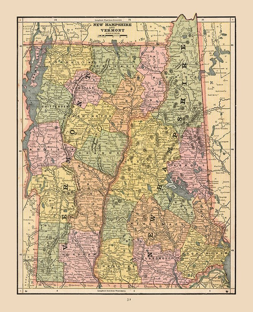 New Hampshire, Vermont - Cram 1888 Poster Print by Cram Cram # USNH0001