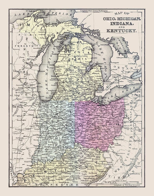 Ohio, Michigan, Indiana, Kentucky - Mitchell 1877 Poster Print by Mitchell Mitchell # USMW0006