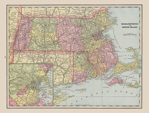 Massachusetts - Rhode Island - Cram 1892 Poster Print by Cram Cram # USMA0016