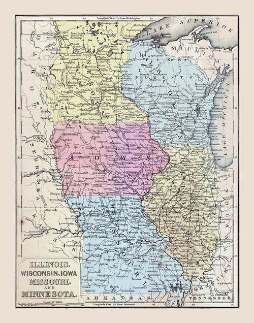 Midwestern United States - Mitchell 1877 Poster Print by Mitchell Mitchell # USMW0005