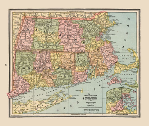 Massachusetts, Rhode Island - Cram 1888 Poster Print by Cram Cram # USMA0002