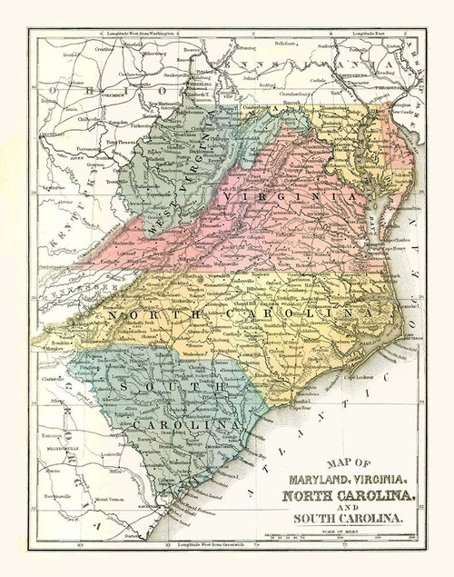 Maryland, Virginia, North Carolina - Mitchell 1869 Poster Print by Mitchell Mitchell # USMA0011