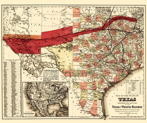 Texas and Pacific Railway - Colton 1873 Poster Print by Colton Colton # TXZZ0043