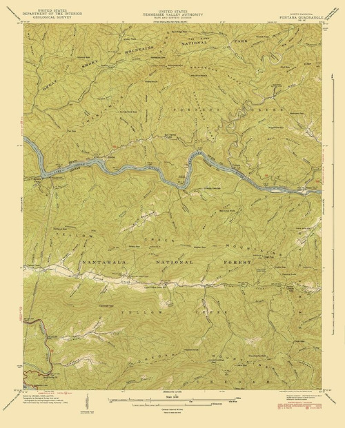 Fontana North Carolina Quad - USGS 1940 Poster Print by USGS USGS # NCFO0003