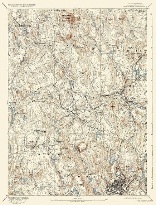 Worcester Massachusetts Quad - USGS 1892 Poster Print by USGS USGS # MAWO0001