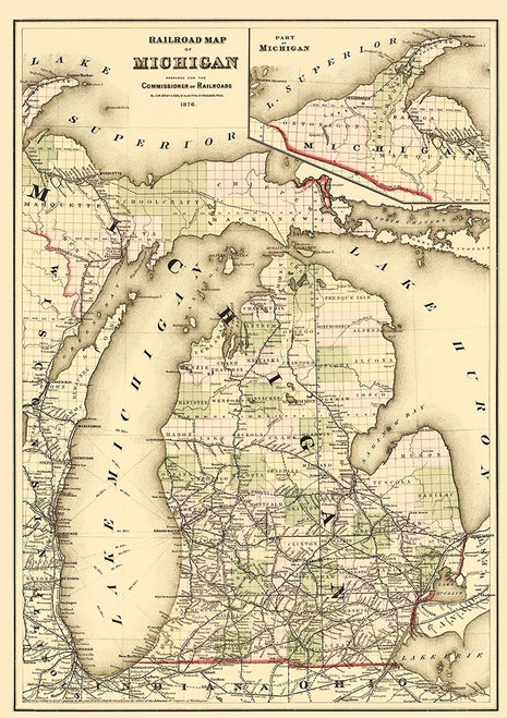 Railroad Map - Gray 1876 Poster Print by Gray Gray # MAZZ0009