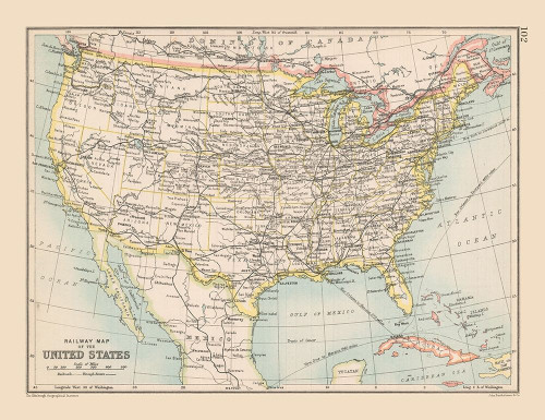 Railway Map of United States - Bartholomew 1892 Poster Print by Unknown Unknown # ITUS0007