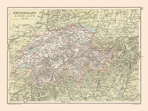 Alps Switzerland - Bartholomew 1892 Poster Print by Bartholomew Bartholomew # ITSW0029