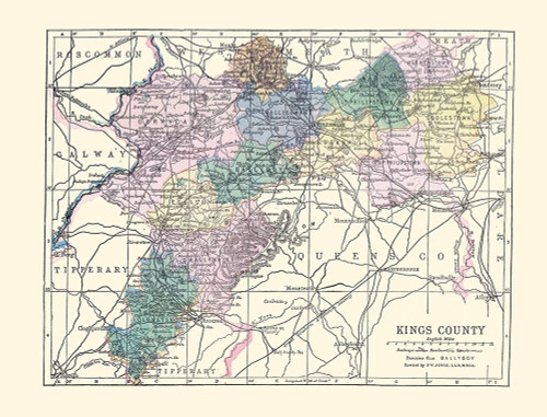 Kings County Ireland - Bartholomew 1882 Poster Print by Bartholomew Bartholomew # ITIR0033