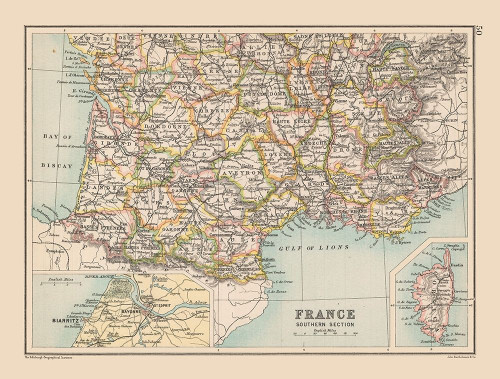 Southern France - Bartholomew 1892 Poster Print by Bartholomew Bartholomew # ITFR0147