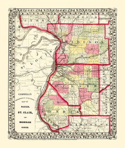 Madison  St Clair  Monroe Illinois - Campbell 1850 Poster Print by Campbell Campbell # ILMA0003