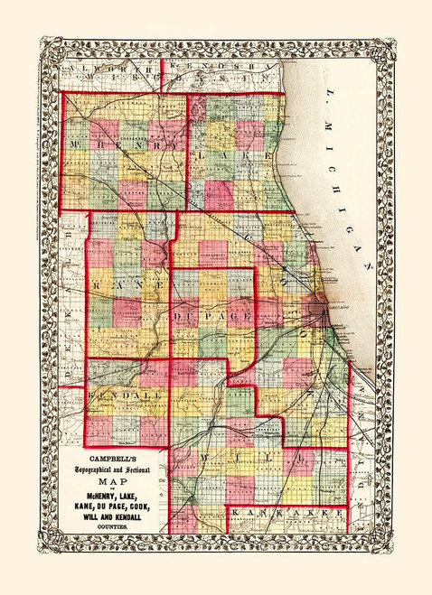 Mchenry  Kane  Cook  Will Illinois - Campbell 1850 Poster Print by Campbell Campbell # ILMC0005