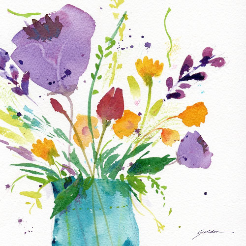 Teal Vase With Bright Flowers Poster Print by Sheila Golden # G2118D