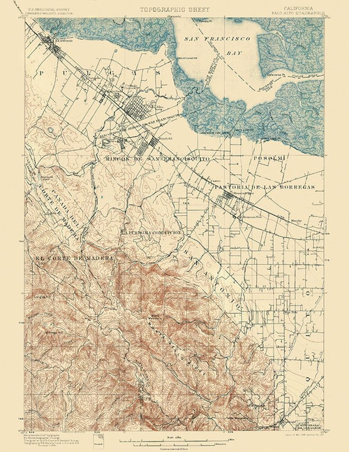 Palo Alto California Quad - USGS 1899 Poster Print by USGS USGS # CAPA0005
