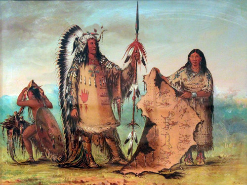 Mandan, Mato Tope with wife and son Poster Print by George Catlin # 56082