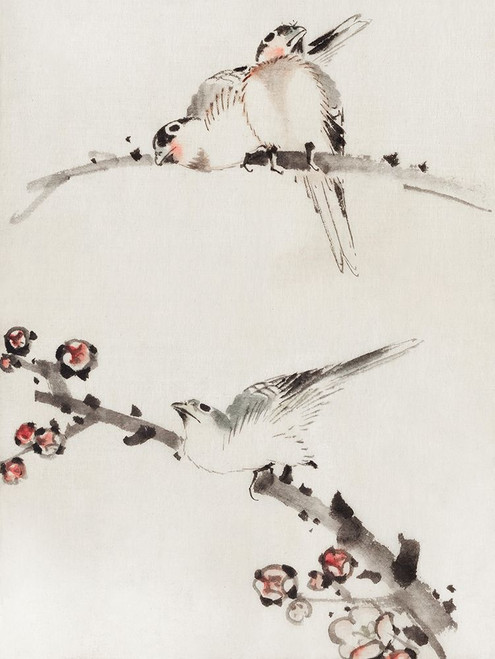Three Birds Perched on Branches, One with Blossoms Poster Print by Katsushika Hokusai # 54578