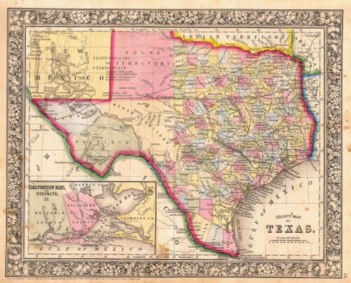 County Map Of Texas, 1864 Poster Print by Samuel Augustus Mitchell # 53317