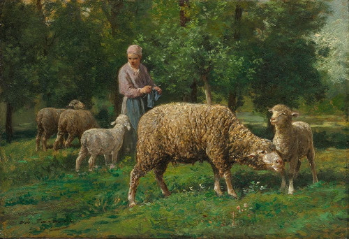 Shepherdess with Sheep Poster Print by Charles-Emile Jacque # 50587