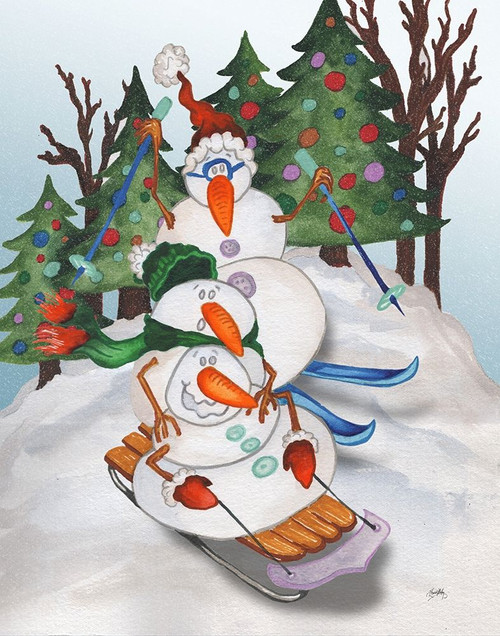 Sledding Snowmen Poster Print by Elizabeth Medley # 14162
