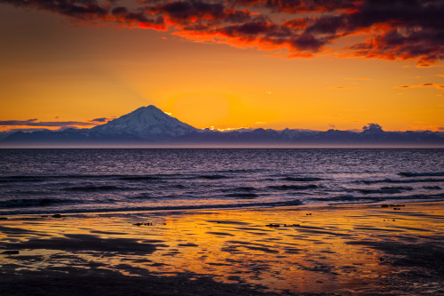 Sunset over Mount Redoubt and Aleutian Range, viewed across Cook Inlet, Kenai Peninsula, South-central Alaska in summertime; Ninilchik, Alaska, United States of America Poster Print by Sunny Awazuhara- Reed (19 x 12) # 33293931