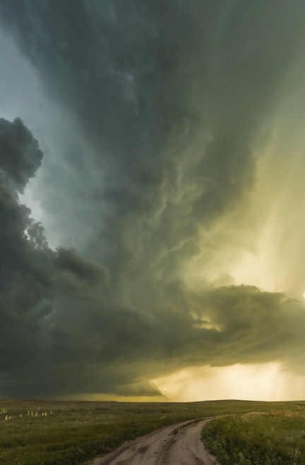 Supercell over the prairies and a dirt road, with sunlight illuminating the dramatic sky; Tulsa, Oklahoma, United States of America Poster Print by Stuart Short (12 x 19) # 12578070