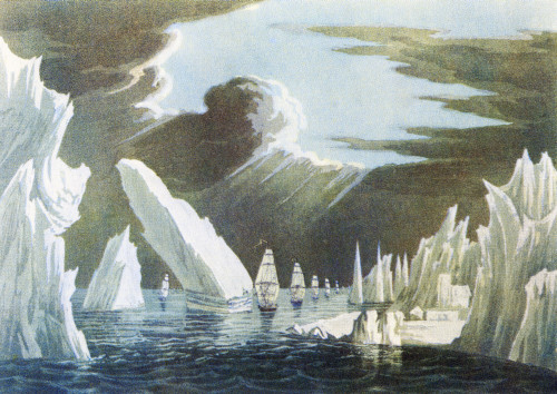 Passage through the ice, June 1818 After a coloured aquatint from Sir John Ross's Voyage of Discovery, 1819  Admiral Sir John Ross, 1777 _ 1856  British naval officer and Arctic explorer  From British Polar Explorers, published 1943 Print