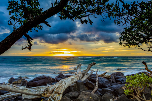 Sunrise over the Pacific Ocean from the shore of Lydgate Beach; Kapaa, Kauai, Hawaii, United States of America Poster Print by The Nature Collection (19 x 12) # 12575775
