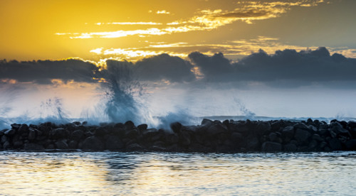 Golden sunrise over Lydgate Beach and the ocean from the coast of Kauai with a silhouetted breakwater; Kapaa, Kauai, Hawaii, United States of America Poster Print by The Nature Collection (20 x 11) # 12575077 Golden sunrise over Lydgate Beach and the ocean from the coast of Kauai with a silhouetted breakwater; Kapaa, Kauai, Hawaii, United States of America Poster Print by The Nature Collection (20 x 11) # 12575077