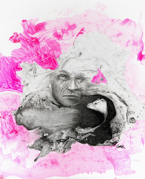 Illustration Of A Man's Face And A Rat's Head Surrounded By Pink And White Brush Patterns Poster Print by Glen Ronald (14 x 17) # 12322380