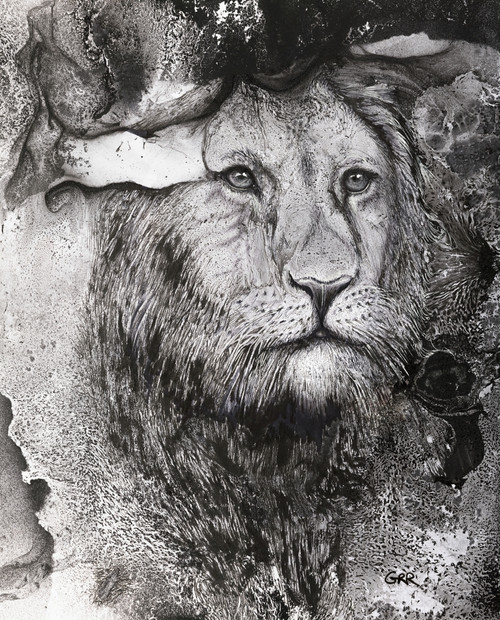 Black And White Illustration Of A Lion's Head Surrounded By Abstract Poster Print by Glen Ronald (14 x 17) # 12322414