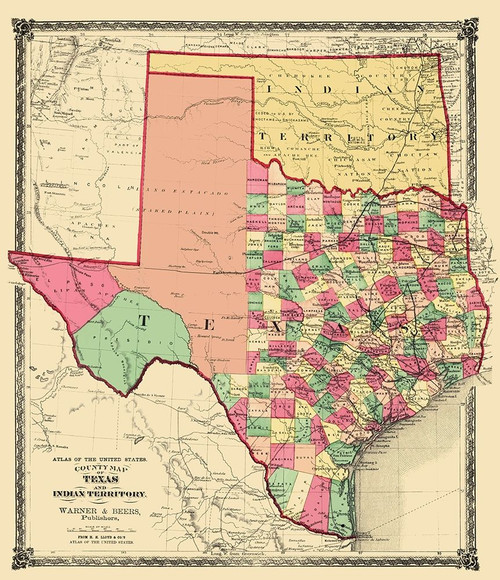 Texas and Indian Territory - Warner and Beers 1876 by Beers (10 x 12)
