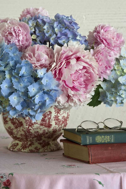 Hydrangea and peony arrangement on table by Don Paulson (15 x 24)