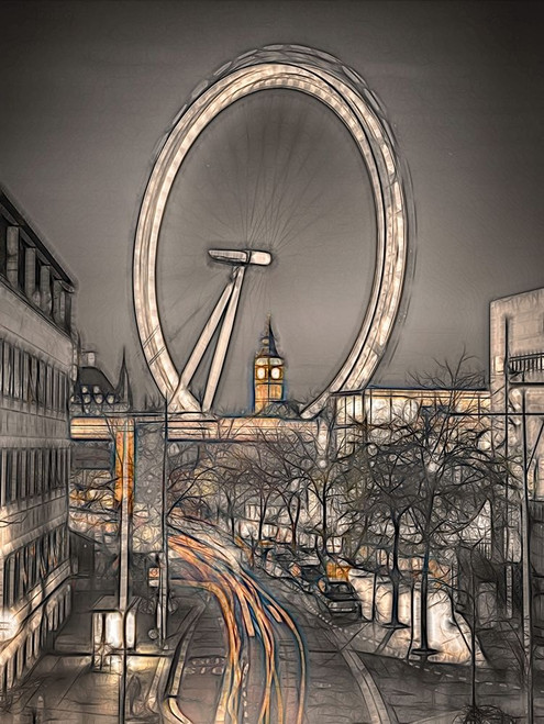 Night shot of London street with Millennium wheel in background by Assaf Frank (18 x 24)