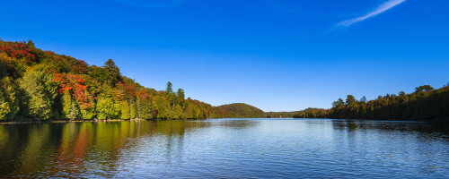 Lake Tamaracouta and autumn colours in the Laurentides of Quebec; Quebec, Canada Poster Print by Alberto Biscaro (34 x 13)