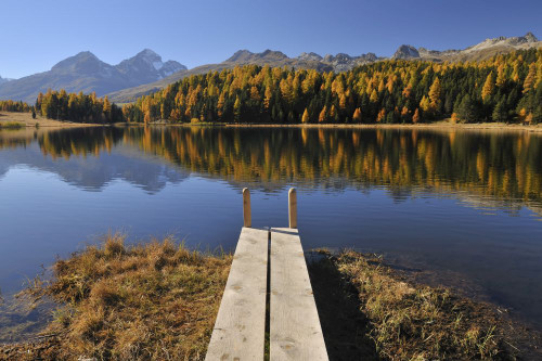 Wooden Jetty on Lake Staz, St. Moritz, Canton of Graubunden, Switzerland Poster Print by Raimund Linke (19 x 12)
