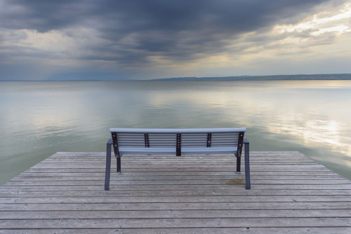 Bench on Wooden Jetty at Sunset at Weiden am See, Lake Neusiedl, Burgenland, Austria Poster Print by Raimund Linke (19 x 12)