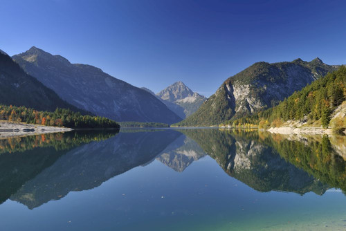 Reflection of Mountains in Lake, Plansee, Tyrol, Austria Poster Print by Raimund Linke (19 x 12)