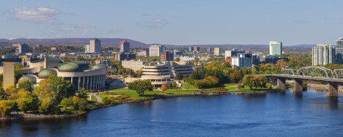 Alexandra Bridge, an interprovincial bridge across the Ottawa River between Ontario and Quebec, and the Canadian Museum of History; Gatineau, Quebec, Canada Poster Print by Alberto Biscaro (34 x 13)