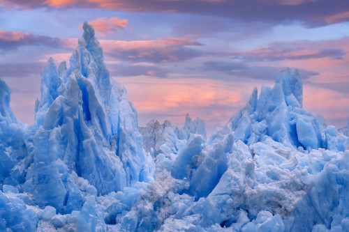 Blue ice peaks of a rugged glacial mass with a glowing pink sunset sky, South Sawyer Glacier, Tracy Arm, Alaska, USA; Alaska, United States of America Poster Print by John Hyde (20 x 13)