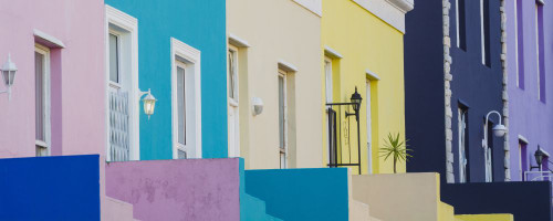 Close-up of the colorful painted houses in the Bo Kapp Area of Cape Town; Cape Town, Western Cape Province, South Africa Poster Print by Alberto Biscaro (34 x 13)