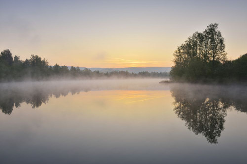 Lake at Dwan with Morning Mist, Spring, Mondfeld, Mainfranken, Franconia, Baden Wurttemberg, Germany Poster Print by Raimund Linke (19 x 12)