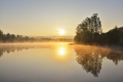 Lake at Sunrise in the Spring, Mondfeld, Mainfranken, Franconia, Baden Wurttemberg, Germany Poster Print by Raimund Linke (19 x 12)