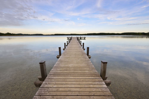 Wooden Jetty at Sunset, Lake Woerthsee, Fuenfseenland, Upper Bavaria, Bavaria, Germany Poster Print by Raimund Linke (19 x 12)
