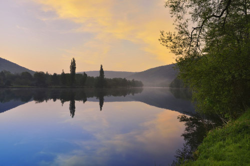 River Main in the Dawn, Spring, Bestenheid, Wertheim, Spessart, Mainfranken, Franconia, Baden Wurttemberg, Germany Poster Print by Raimund Linke (19 x 12)