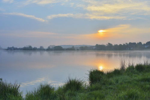 Lake at Sunrise, Ober-Moos, Grebenhain, Vogelsberg District, Hesse, Germany Poster Print by Raimund Linke (19 x 12)