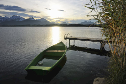 Rowboat with Sun Reflecting on Lake, Hopfen am See, Lake Hopfensee, Bavaria, Germany Poster Print by Raimund Linke (19 x 12)