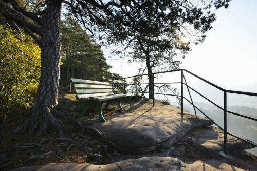 Observation Point on Mountain with Bench, Hochstein, Dahn, Dahner Felsenland, Pfalzerwald, Rhineland-Palatinate, Germany Poster Print by Raimund Linke (19 x 12)